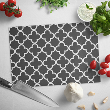 Load image into Gallery viewer, Black and White Quatrefoil Tempered Glass Cutting Board

