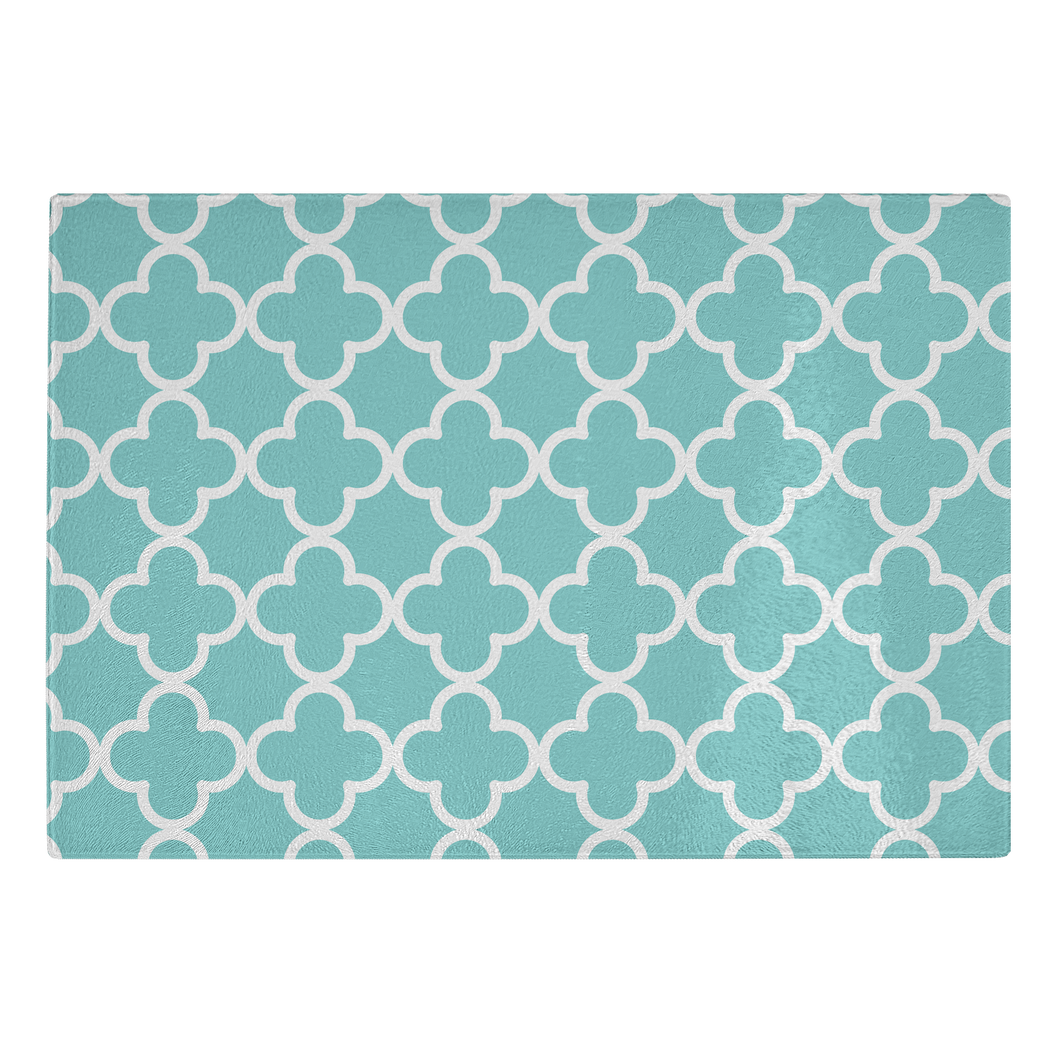 Turquoise and White Quatrefoil Tempered Glass Cutting Board