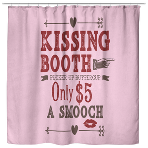 Kissing Booth Valentine's Day Shower Curtain In Pink, Red and Brown Vintage Style Design