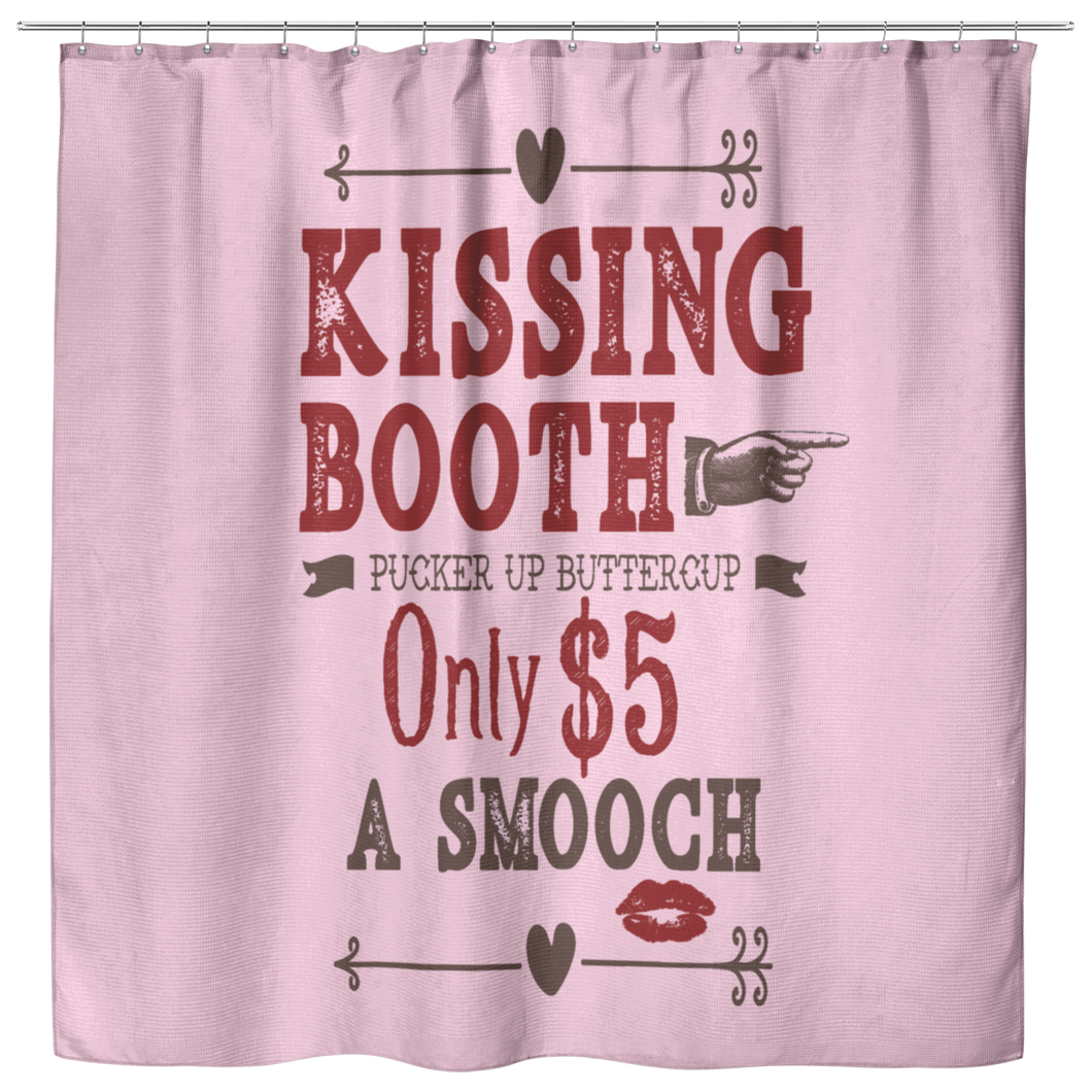 Kissing Booth Valentine's Day Shower Curtain In Pink, Red and Brown Vintage Style Design